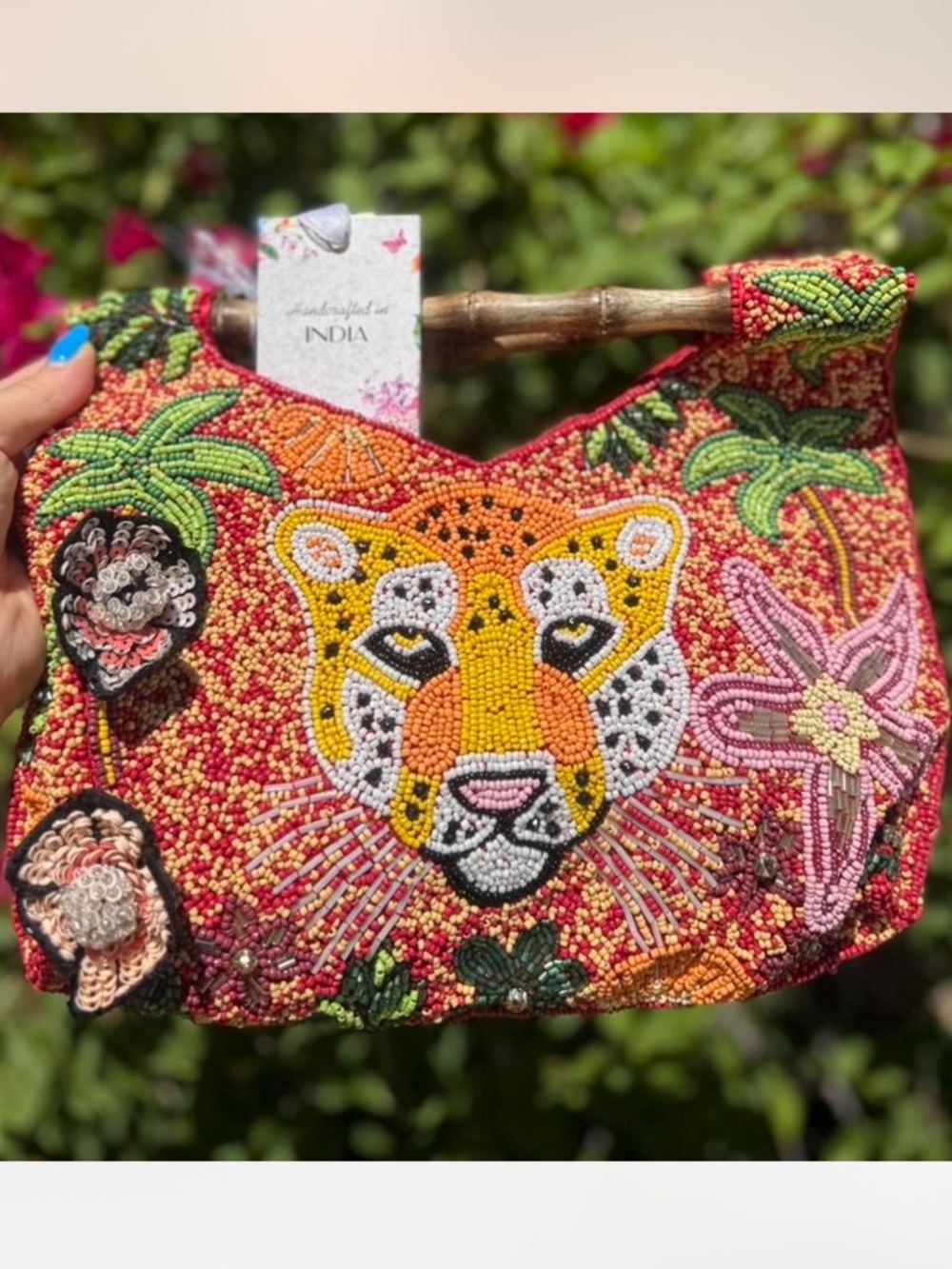 NWT Made in India Tiger Jungle Tropical Floral Red Wooden Embellished Beaded Bag